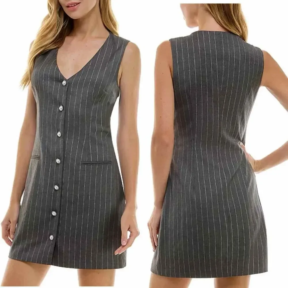 City Studios Juniors' Metallic-Striped Faux-Pearl-Button V-Neck Jacket Dress